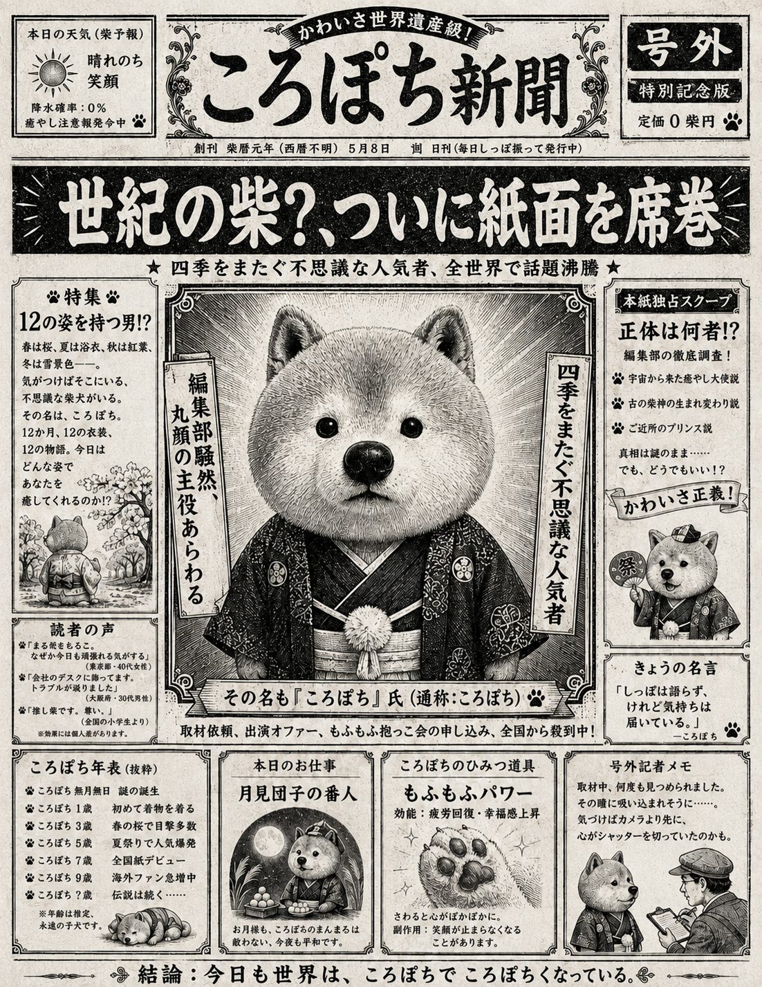 号外(特別記念版) ころぽち新聞 — 世紀の柴?、ついに紙面を席巻 四季をまたぐ不思議な人気者、全世界で話題沸騰